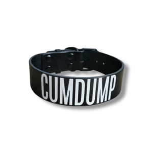 black leather bdsm collar with text cumdump in white