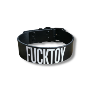 black leather bdsm collar with fucktoy text in white