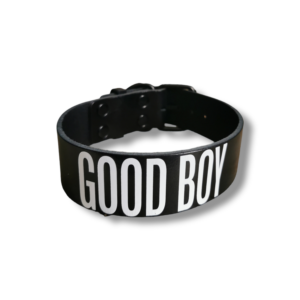 good boy text collar made from black leather with white text