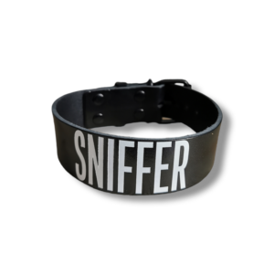 sniffer collar from black leather with white text